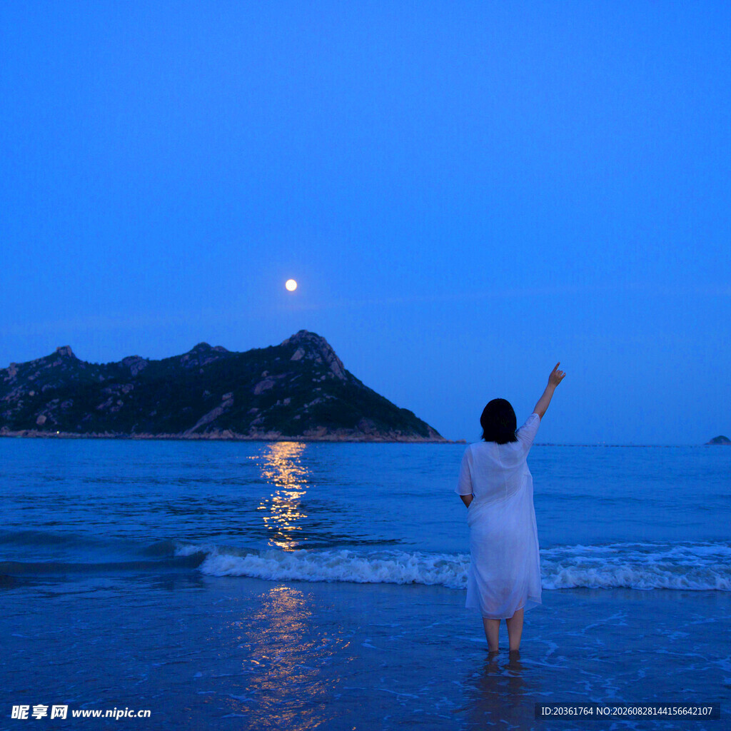 海边女子月夜下的浪漫身影
