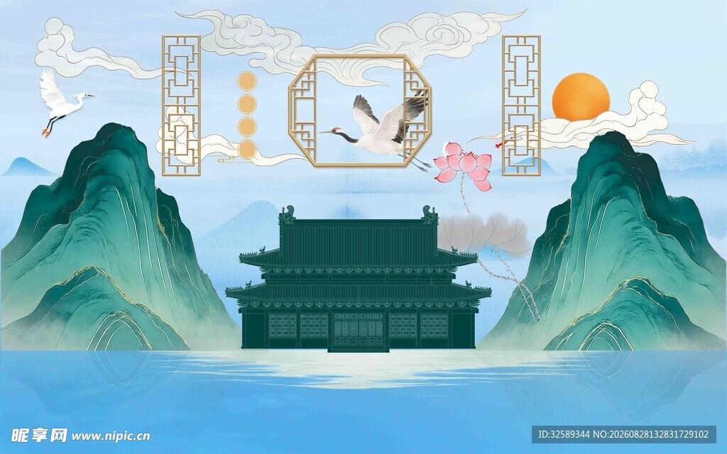 中式山水古建筑风景图