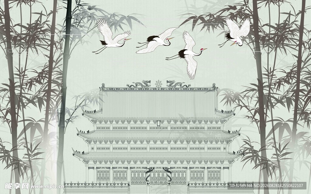 中式古风建筑与飞鸟图景