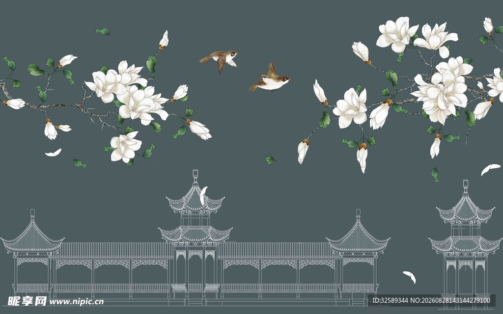 中式古风花鸟建筑美景