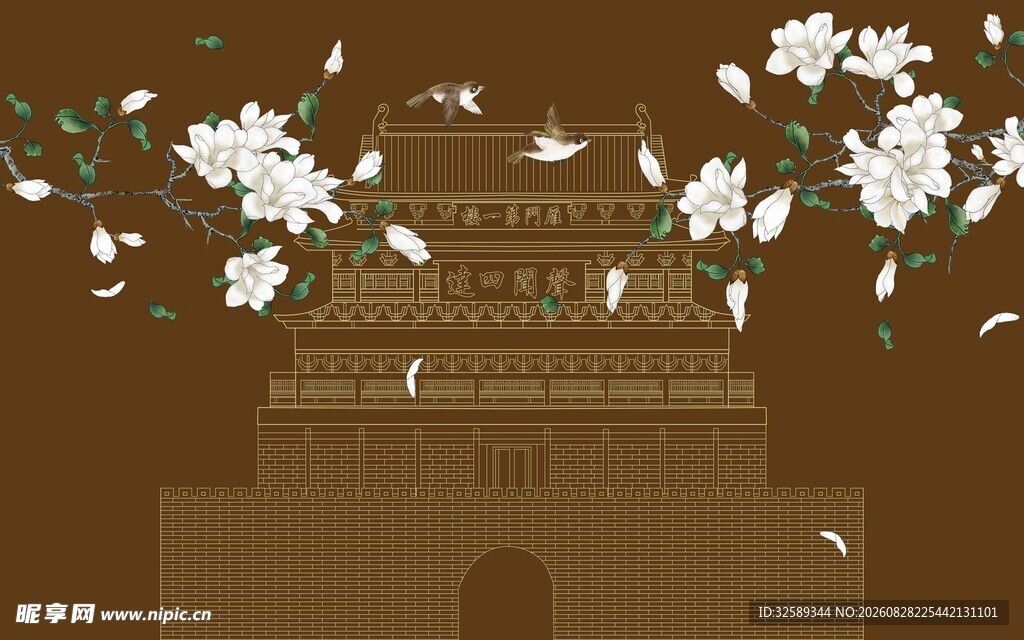 古塔繁花白鸽翩跹
