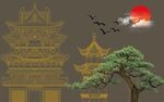 中式古建筑旁的苍松落日