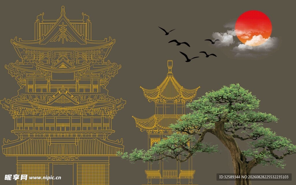 中式古建筑旁的苍松落日