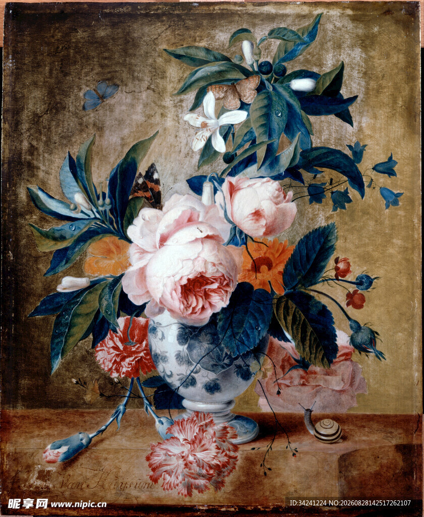 古典花瓶中的花卉静物画