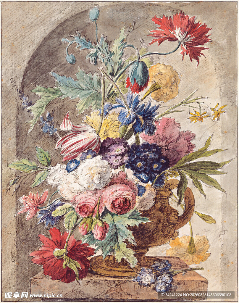 古典花篮花卉油画作品