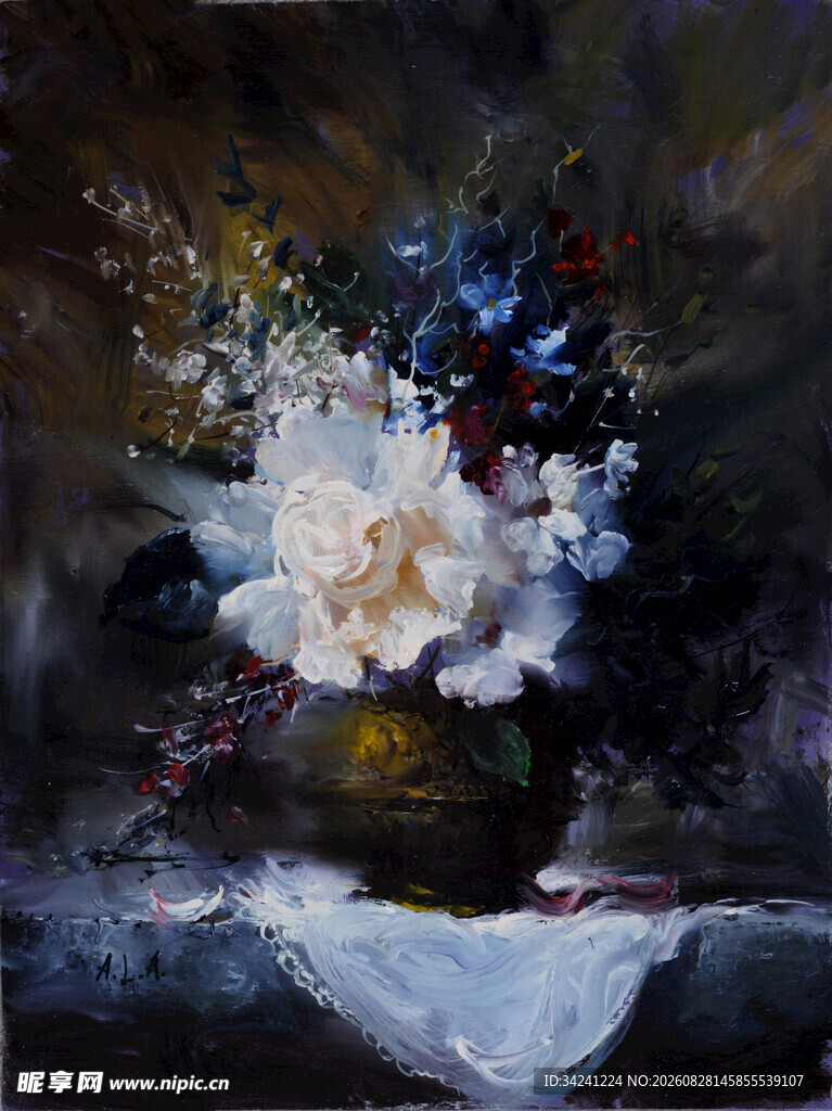油画中的繁花静物花瓶