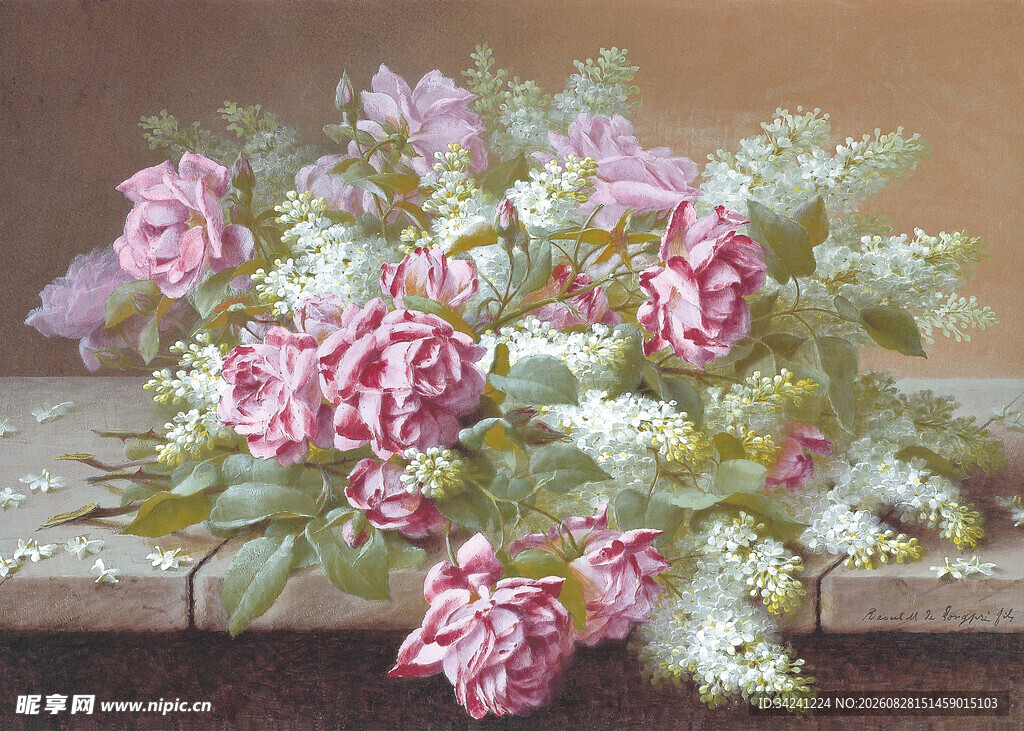 静物花卉油画中的绚烂花束