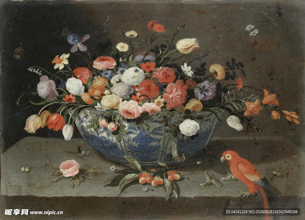 古典蓝瓶花卉静物画