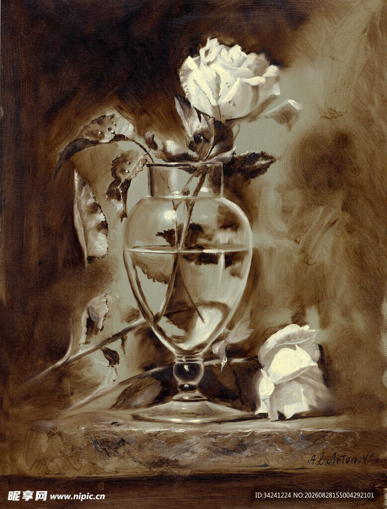 复古花瓶插白玫瑰静物油画