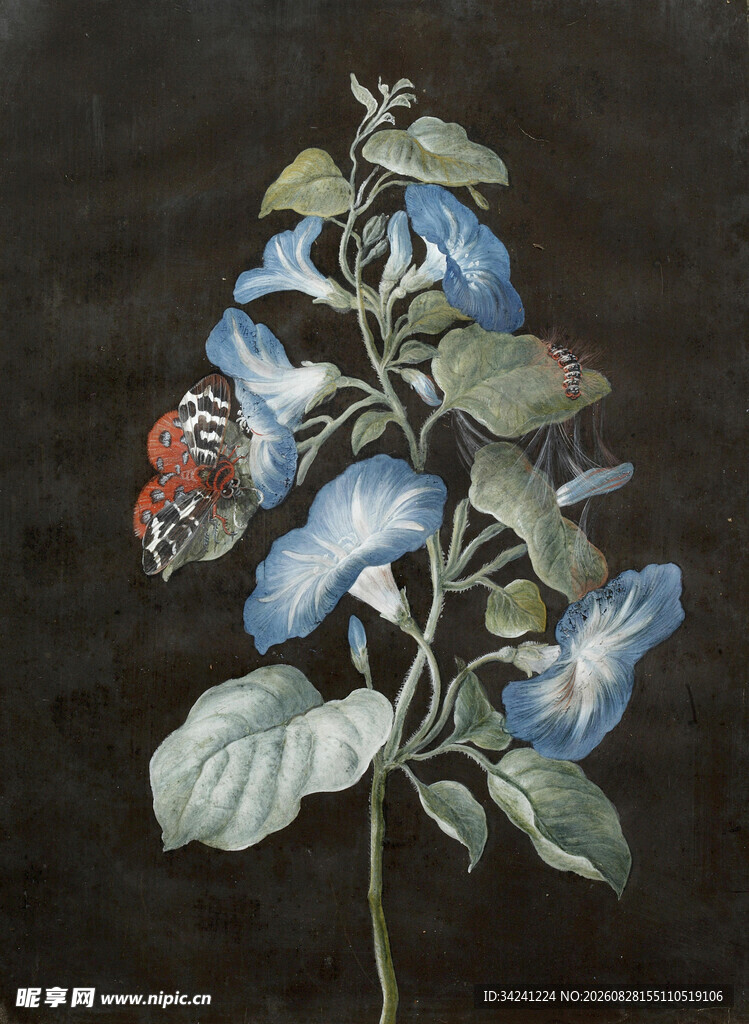 蓝花绿叶间的昆虫景致油画