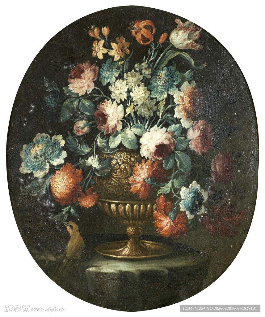古典花瓶花卉油画作品