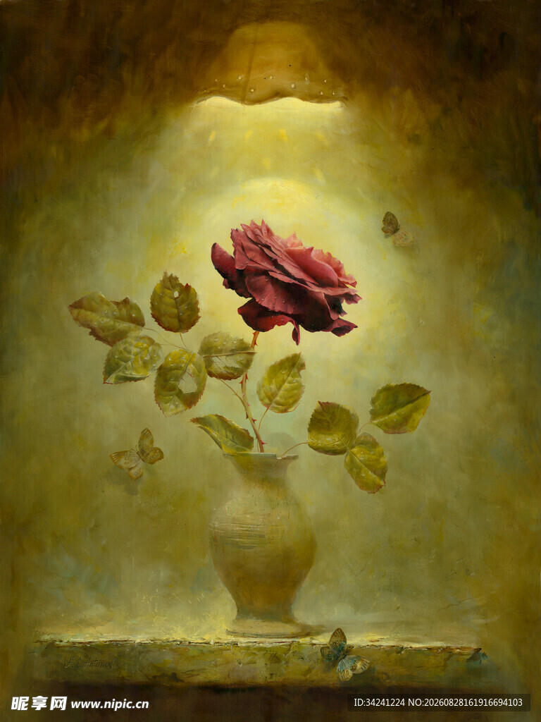 花瓶中绽放的娇艳红玫瑰油画
