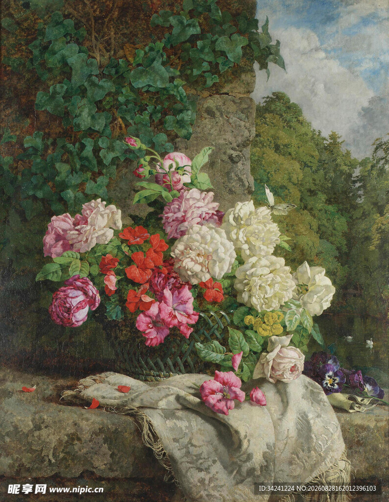 石台上的缤纷花卉静物画