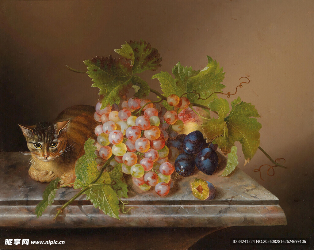 静物葡萄与猫咪油画作品