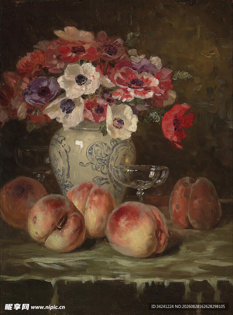 静物花卉与桃子油画