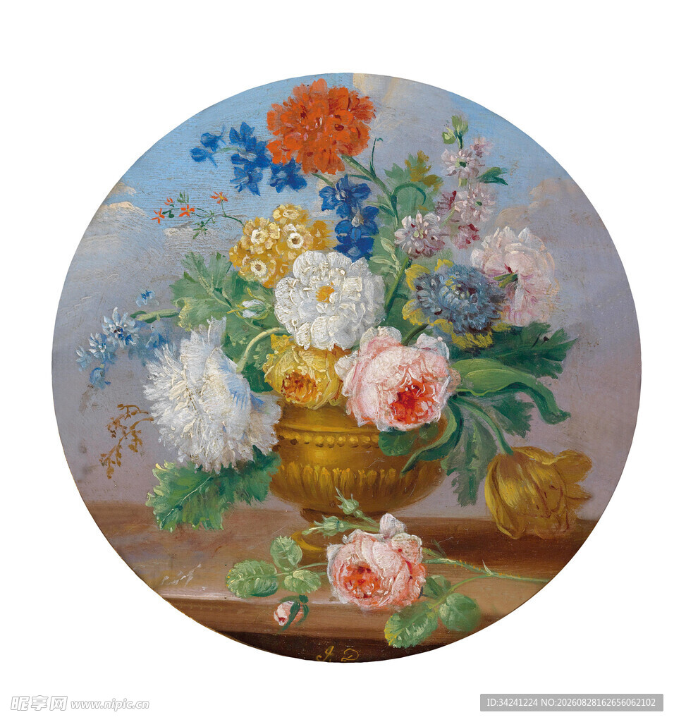 圆形花篮花卉油画作品