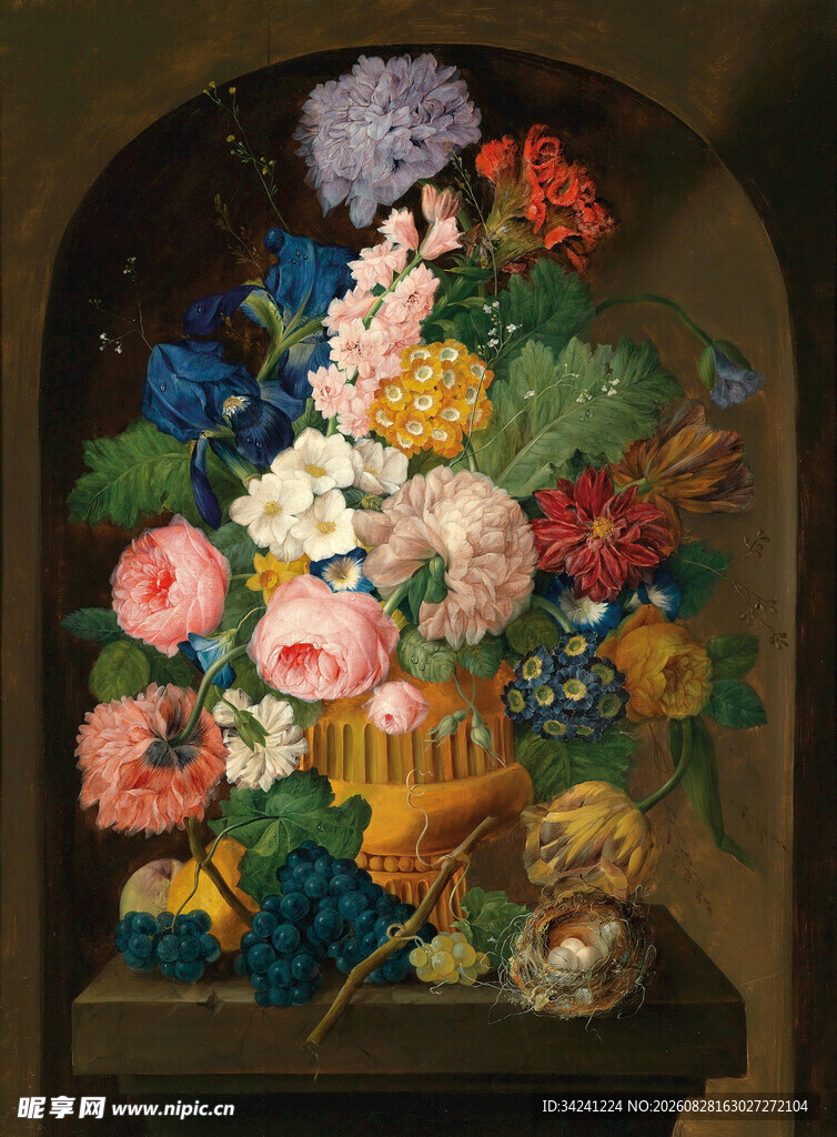 古典花瓶花卉油画作品