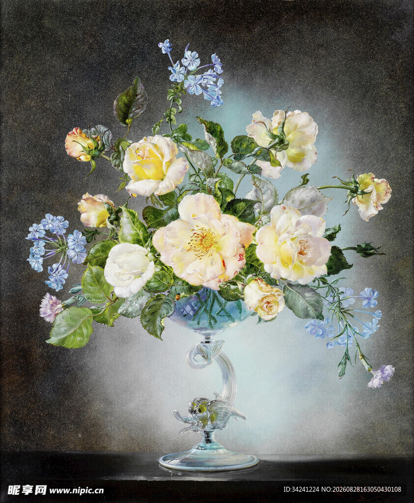 花瓶中的黄白蓝花卉组合油画