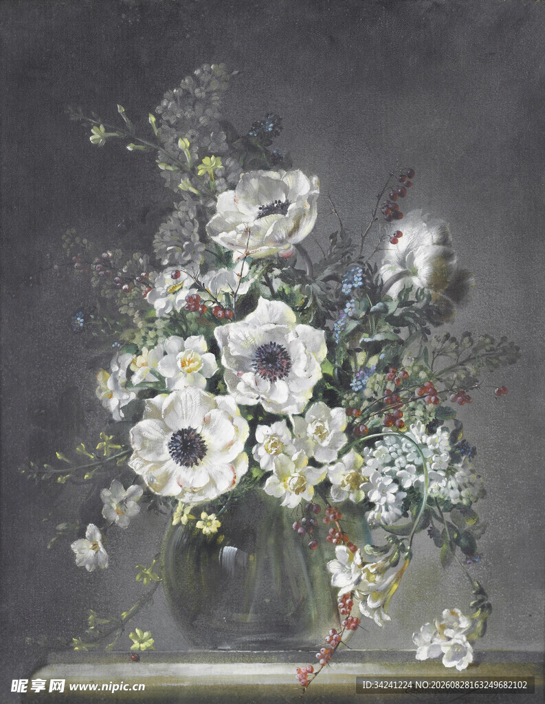 花瓶中的白色花卉静物画