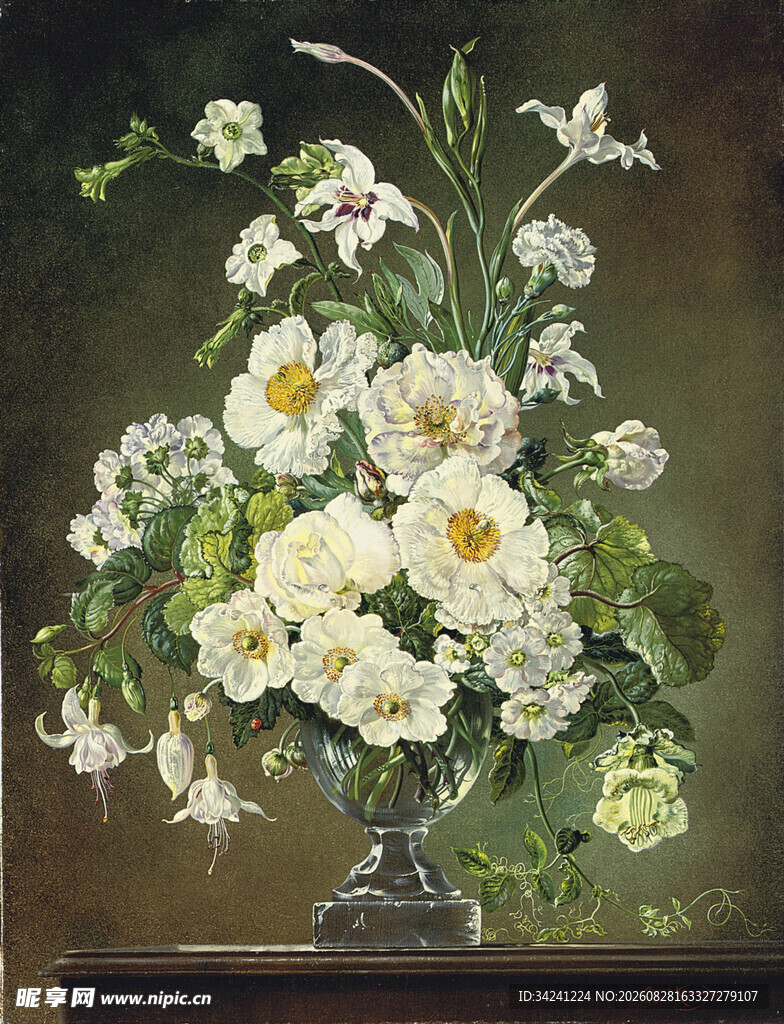 花瓶中的白色花卉静物油画