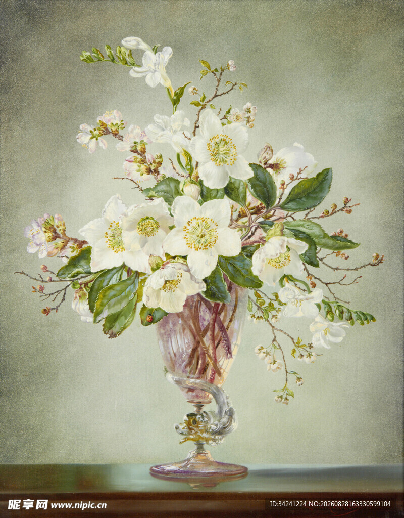 花瓶中的白色花卉静物画
