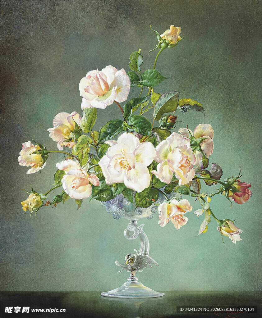 花瓶中的白色花卉静物油画