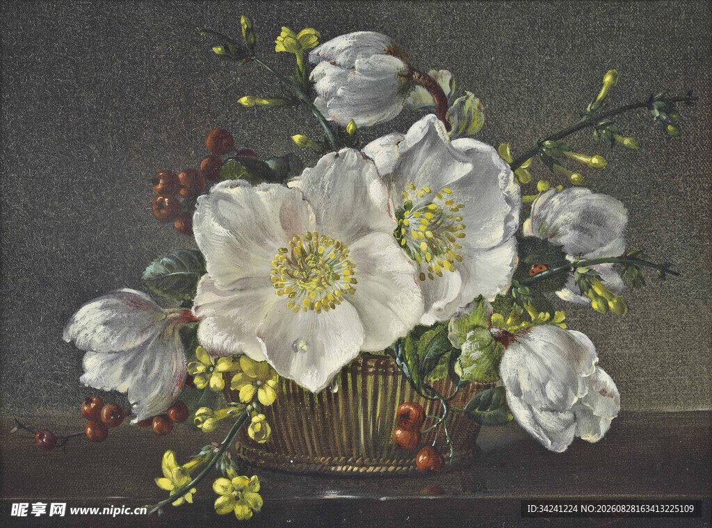 花瓶中的白色花卉静物画