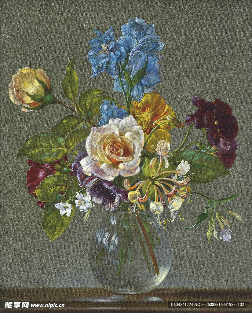 花瓶中的多彩花卉静物画