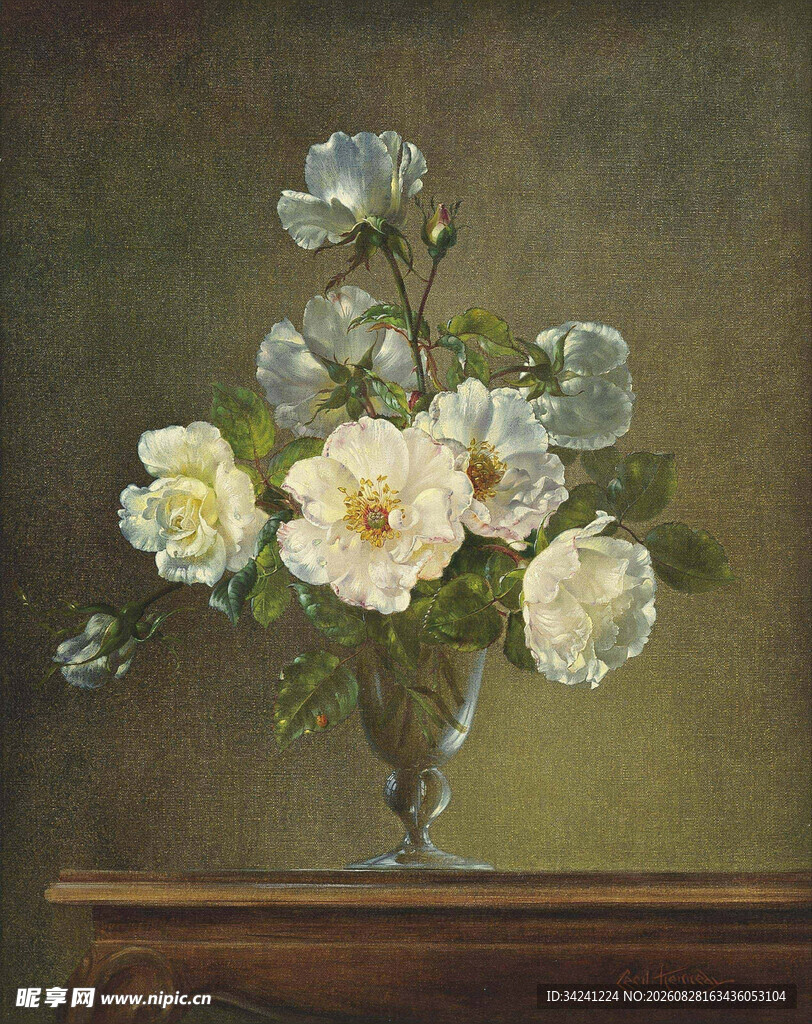 花瓶中的白色花卉静物画