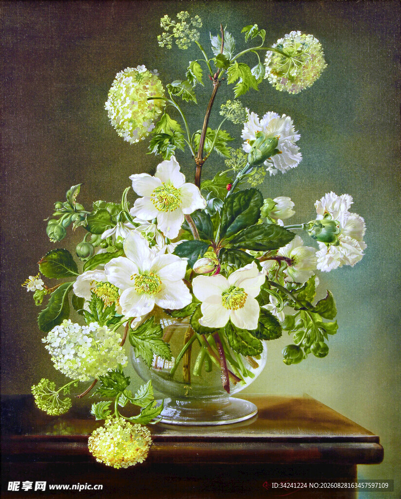 花瓶中的清新白色花卉油画