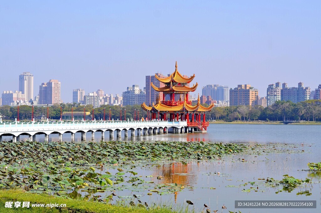 湖畔古亭与城市风光