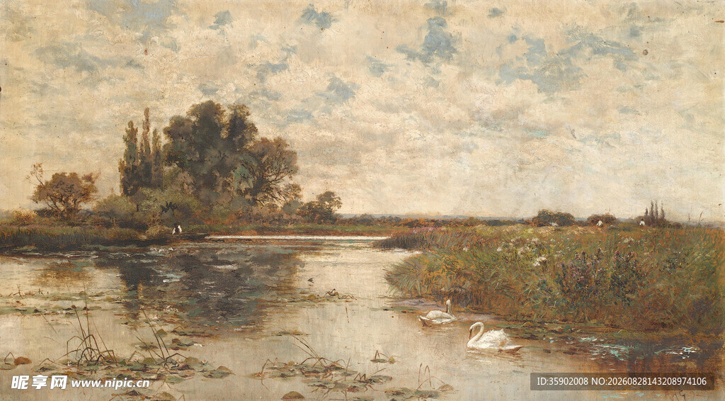 河畔风景油画