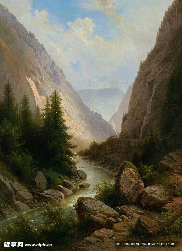 山间溪流风景油画