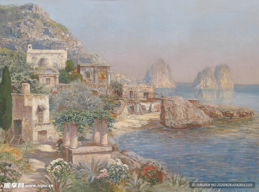 海边小镇风景油画
