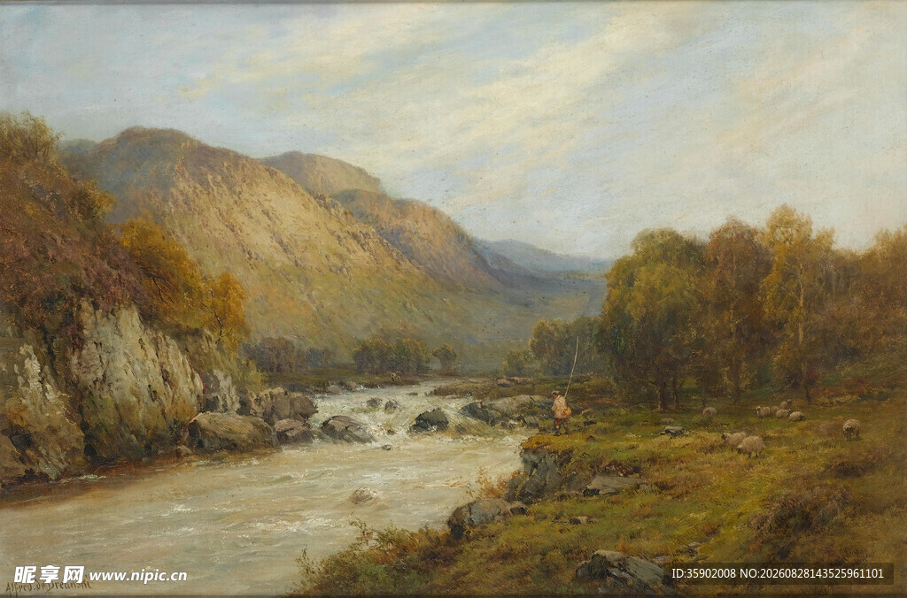 山间河流秋日风景油画