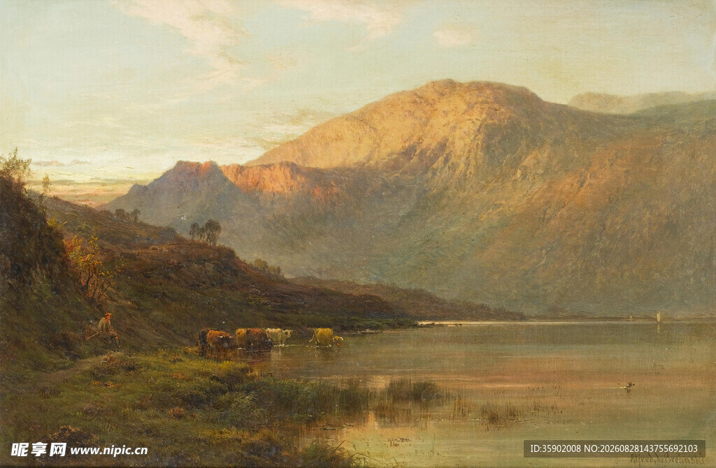 湖畔山峦风景油画