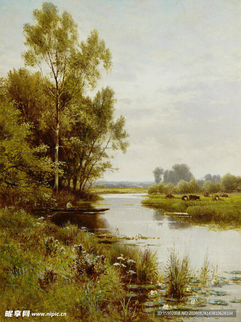 河畔树林风景油画