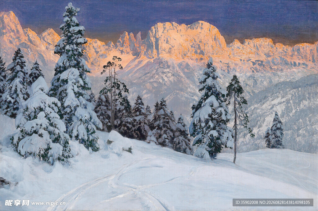 冬日雪山松林美景