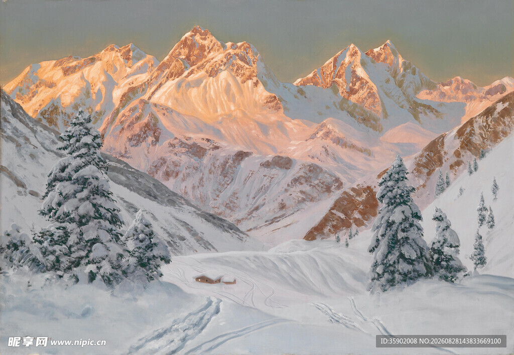 雪山晨光下的静谧冬日美景