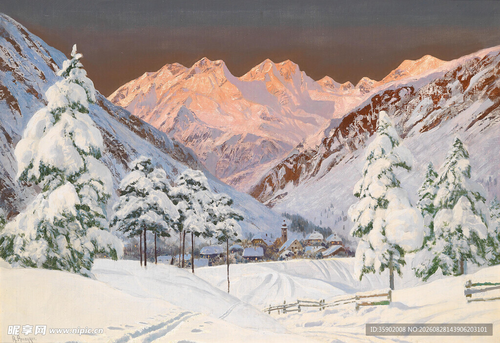 冬日雪山松林美景