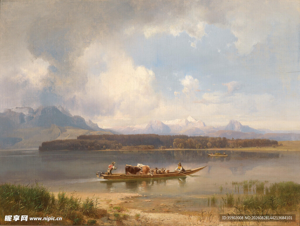 湖畔小船风景油画