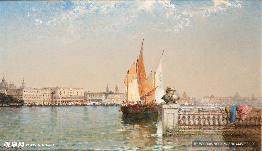 海港帆船风景油画