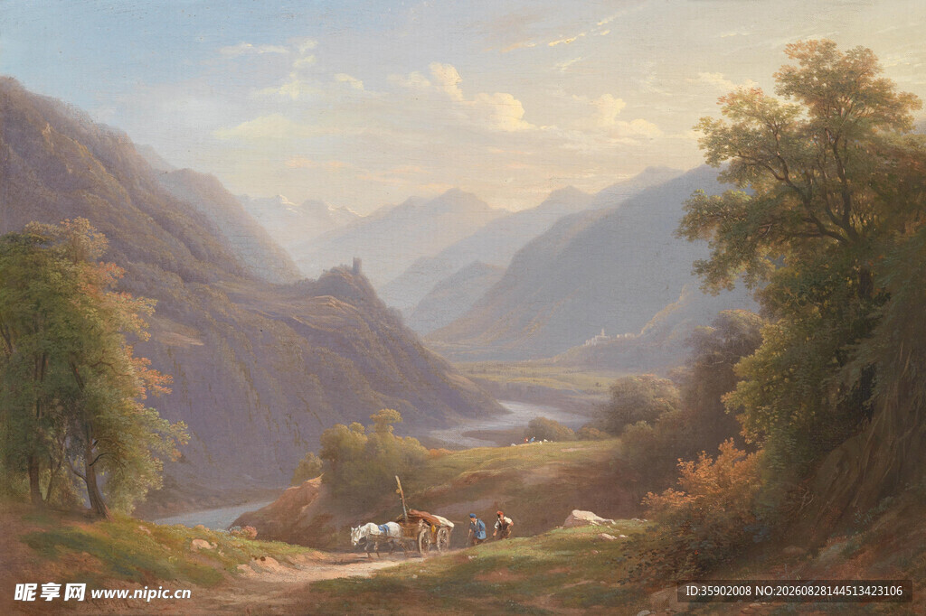 山间田园风光油画美景