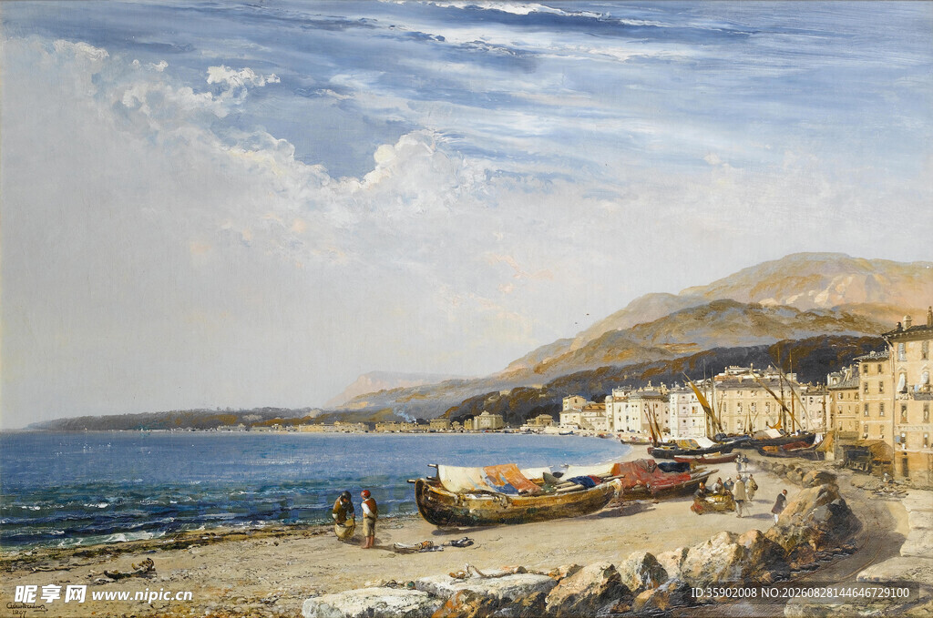 海边渔村风景油画