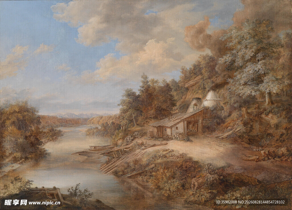 田园河畔风景油画