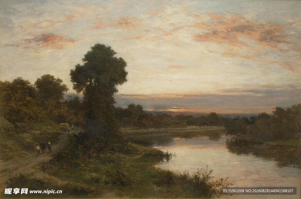 河畔黄昏风景油画