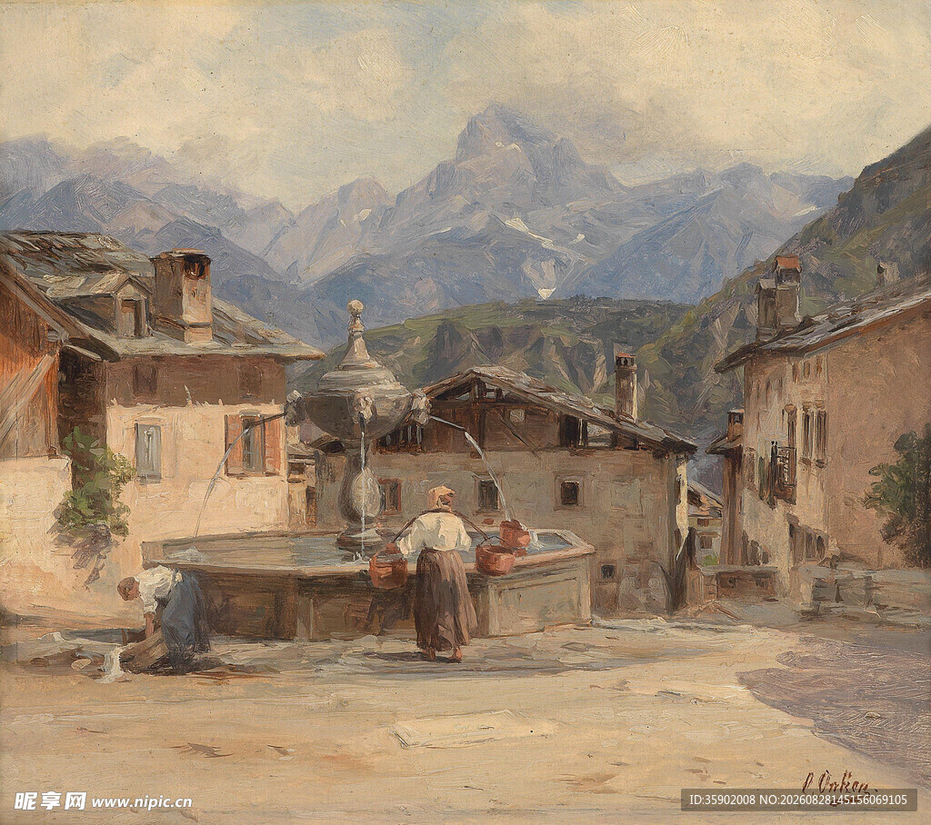 山村小镇生活场景油画