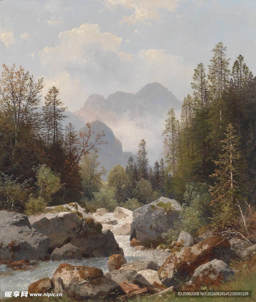 山间溪流风景油画