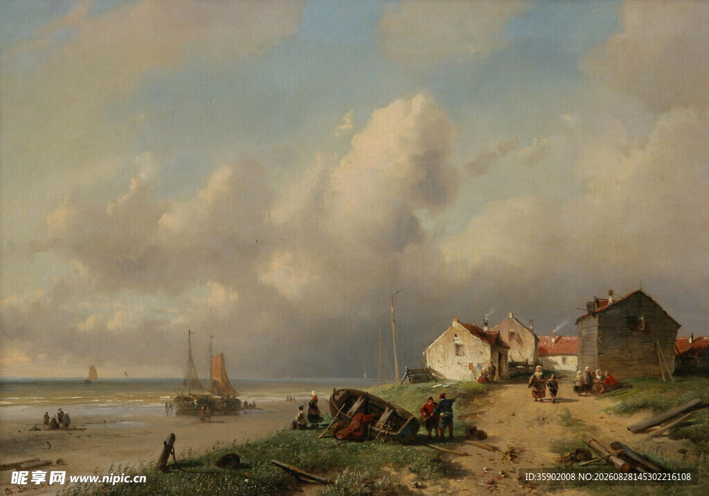 海边村落风景油画