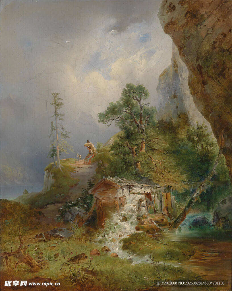 山间溪流风景油画